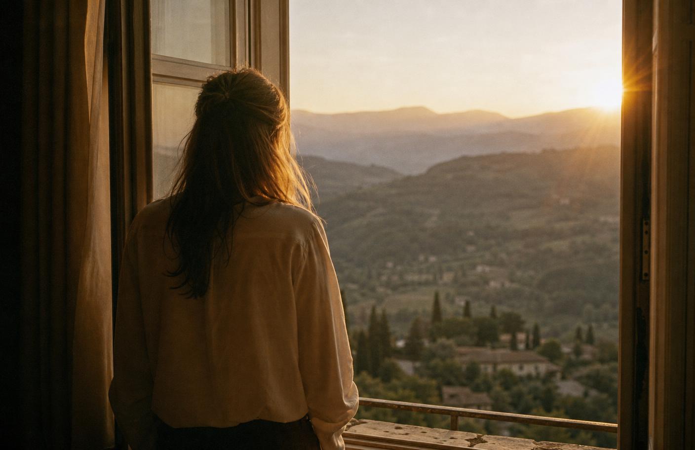 Donna che guarda l'orizzonte all'alba da una finestra