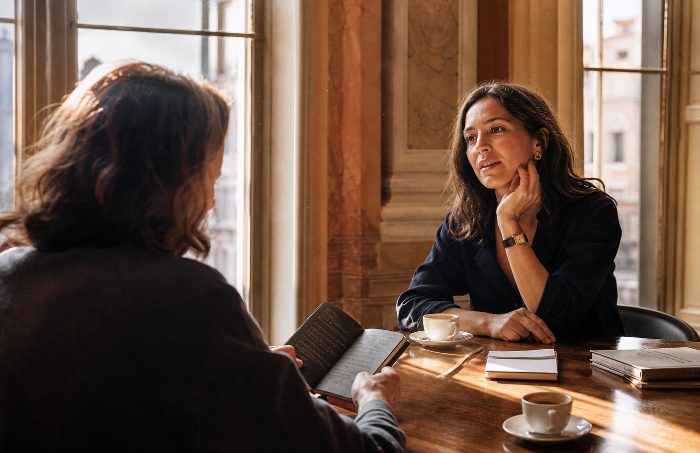 Sessione di coaching in un'atmosfera calda, luce naturale, dialogo intimo