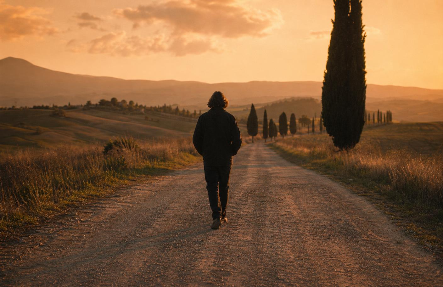 Un cammino verso l'orizzonte al tramonto